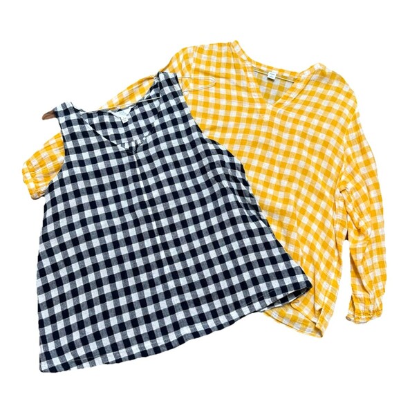 Lot of 2 Linen Blend Gingham Tops Yellow and Blue Check Blouse Cottagecore Sz L - Picture 1 of 8